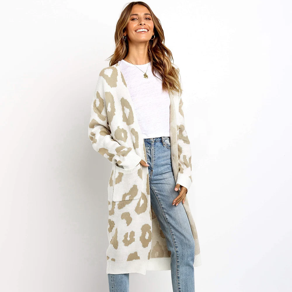 Dámske Leopard Tlač Pletenie Cardigan outwear kabáty s vrecku otvoriť predné teplý sveter ouc303