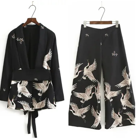 Dámske odevy Móda Bird Tlač Blejzre Ženy Čierne Kimono Cardigan Jeseň Bežné Drážkou Sako Dámske Vyhovovali Dva-dielna sada