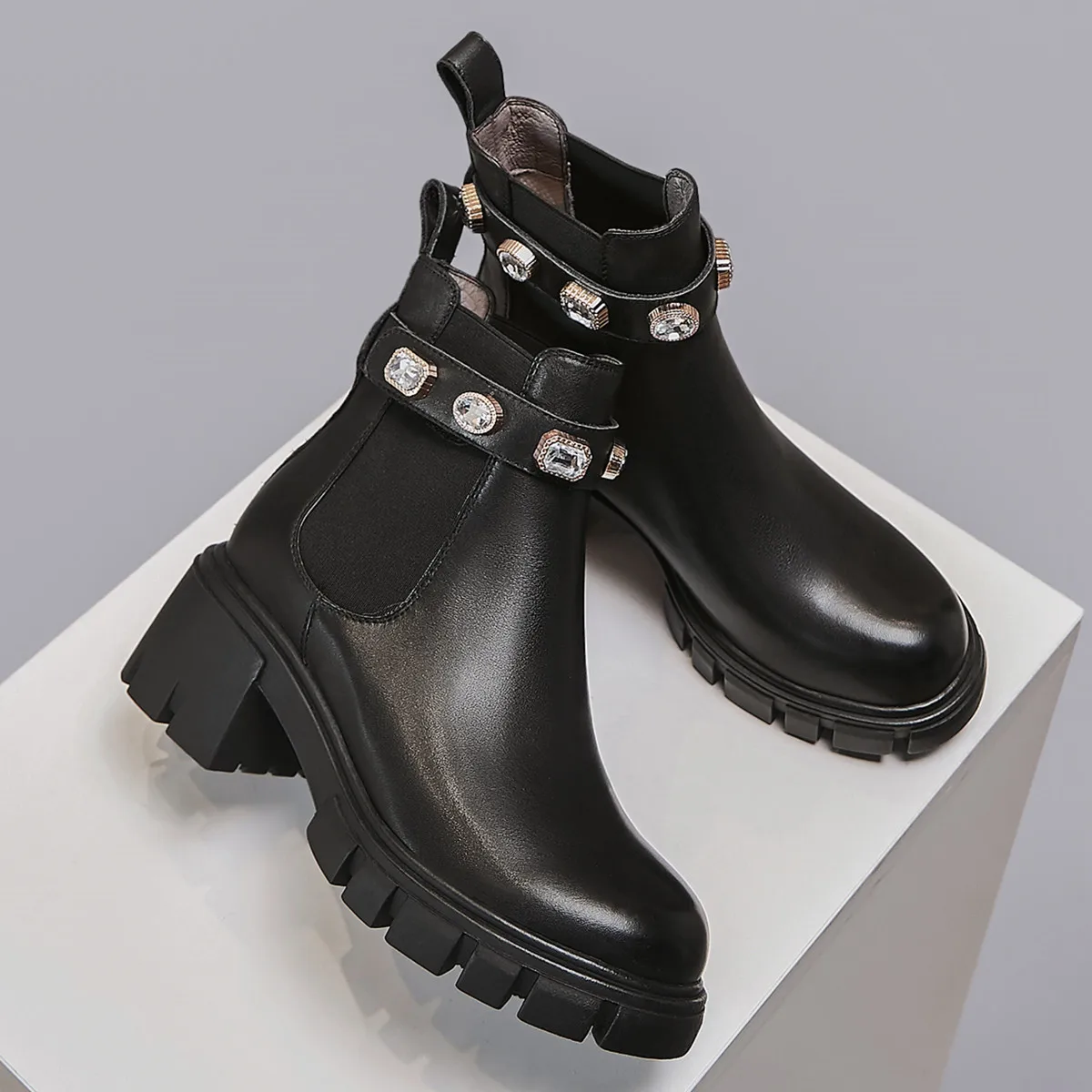 Dámske originálne kožené robustný päty platformu členková obuv crytal módne žena jeseň krátke bootiese vysokej kvality pohodlie obuv