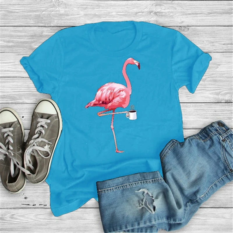 Dámske tričká Flamingo Pitie Kávy Roztomilý Topy Ženské Oblečenie Kawaii Streetwear Karikatúra Grafiku Tee Vintage Estetické Tričko