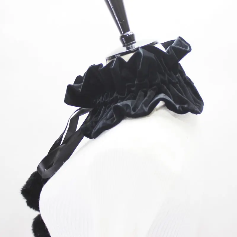 Dámske Viktoriánskej Rozstrapatené Ozdobné Falošné Golier Skladaný Black Pleuche Velvet Krku Golier Šatku s Nastaviteľným Pompom Väzby
