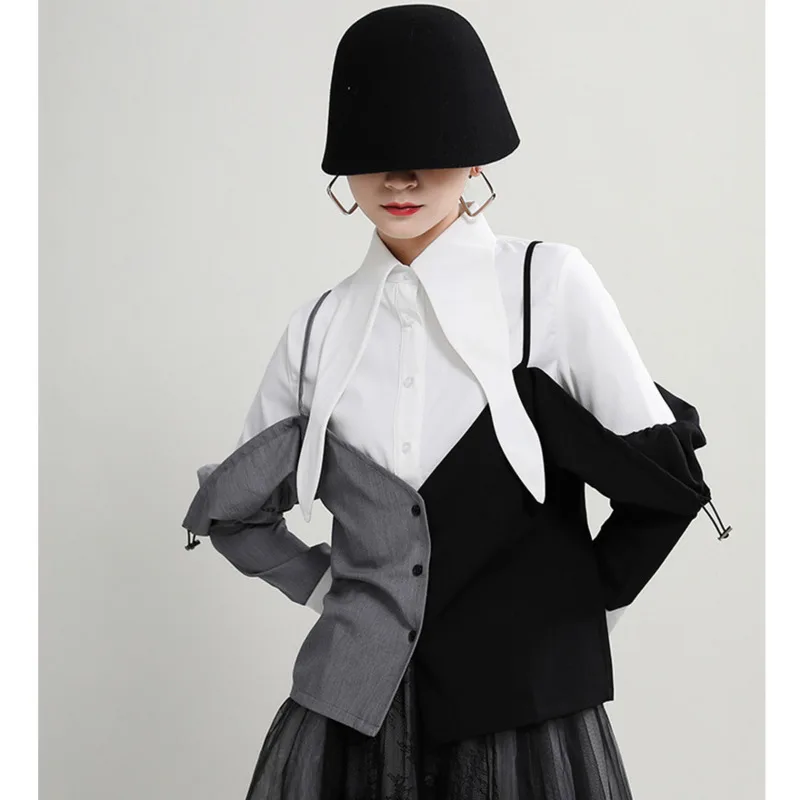 [EAM] Ženy Biela Čierna šedá nepravidelný Blúzka Nové Klope Dlhý Rukáv Voľné Nosenie Tričko Fashion Príliv Jar Jeseň 2021 1DD1114