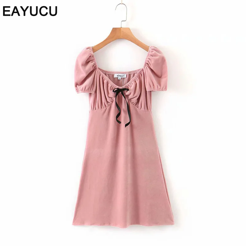 EAYUCU Velvet sladké, ružové a modré leto elegantný mini A-line šaty žien strany noc módne šaty mujer luk Slim šaty ED023