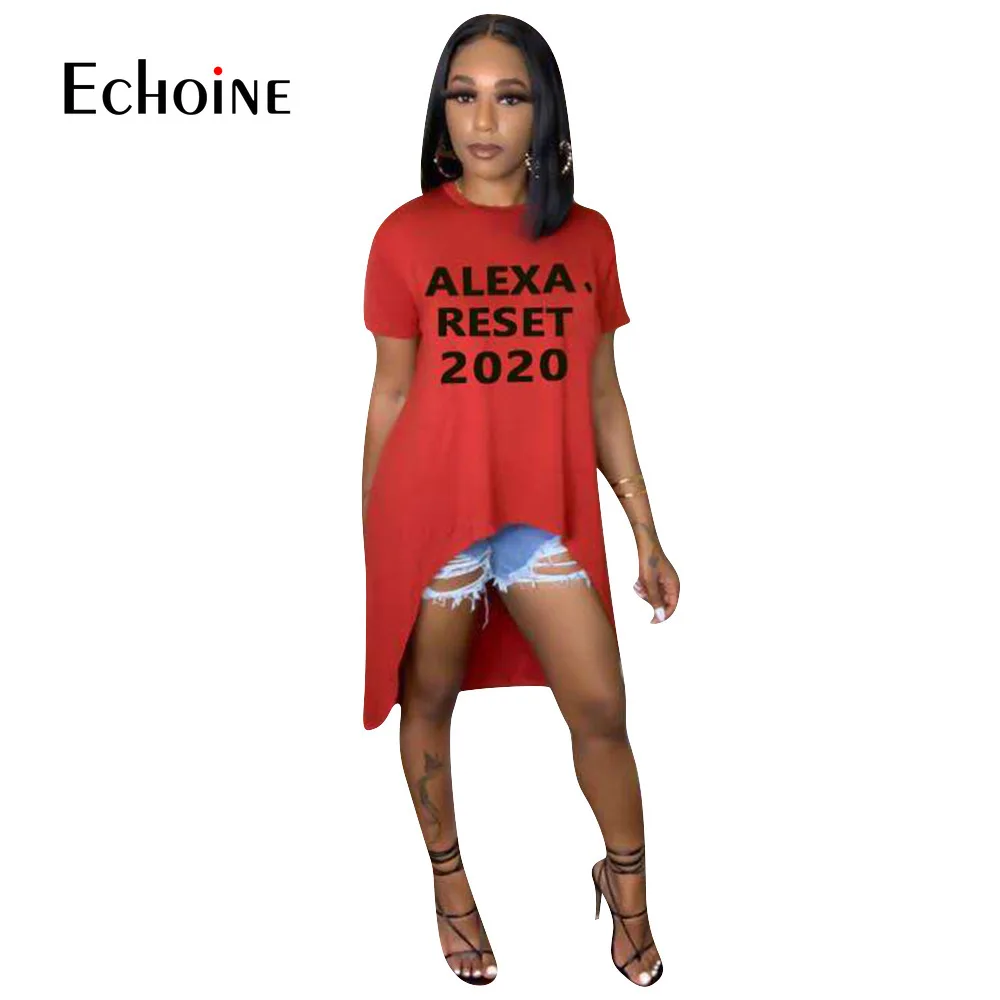 Echoine 2020 Lete Alexa Reset 2020 List Tlač Ženy O-krku Krátky Rukáv Nepravidelný Dlhé tričko fashion bežné Strany Čaj