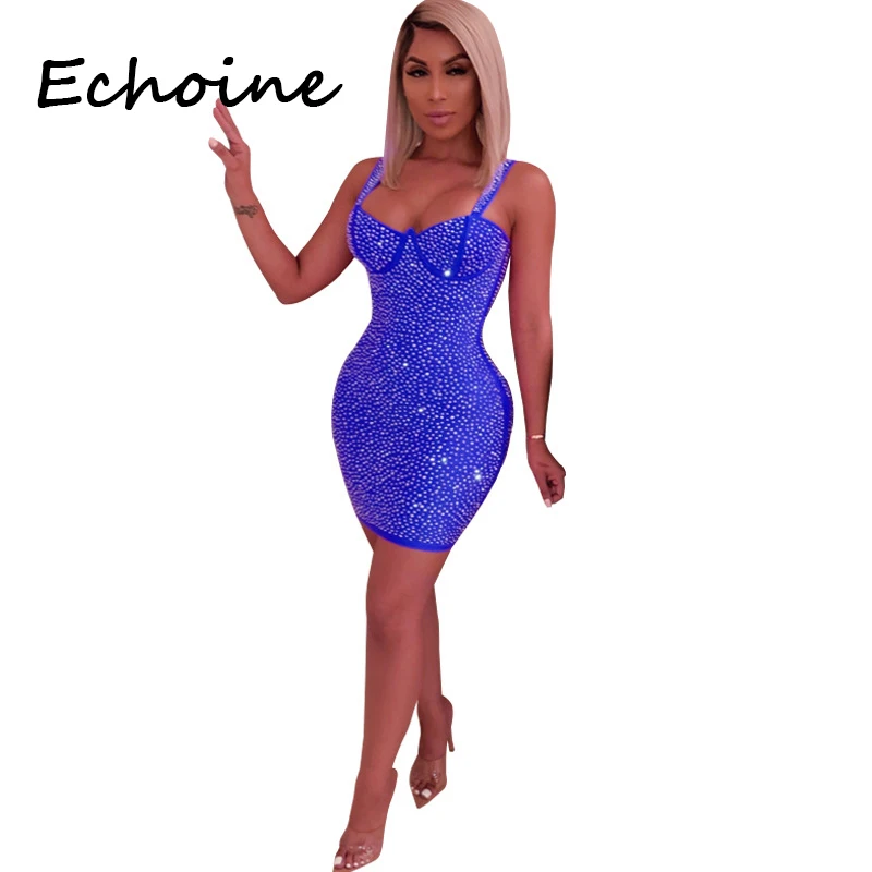 Echoine Sexy Špagety Popruhy Bodycon Mini Šaty Diamond Dekor Backless Šaty Žena Strany Noc Vestidos Plus Veľkosť 2 XL
