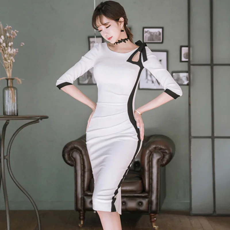 Elegantné Office Lady Šaty 2019 Jar Polovičný Rukáv O-Krku Obyčajný Farba Čierna Biela Šitie Podkolienok Ceruzka Šaty Ženy