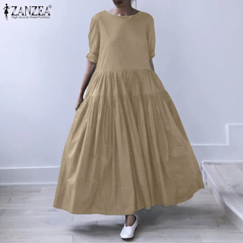 Elegantné Pevné Maxi Šaty Žien Jeseň Sundress ZANZEA Vintage Dlhý Rukáv Príležitostné Voľné Vestidos Plus Veľkosť Femme Kaftan Šaty