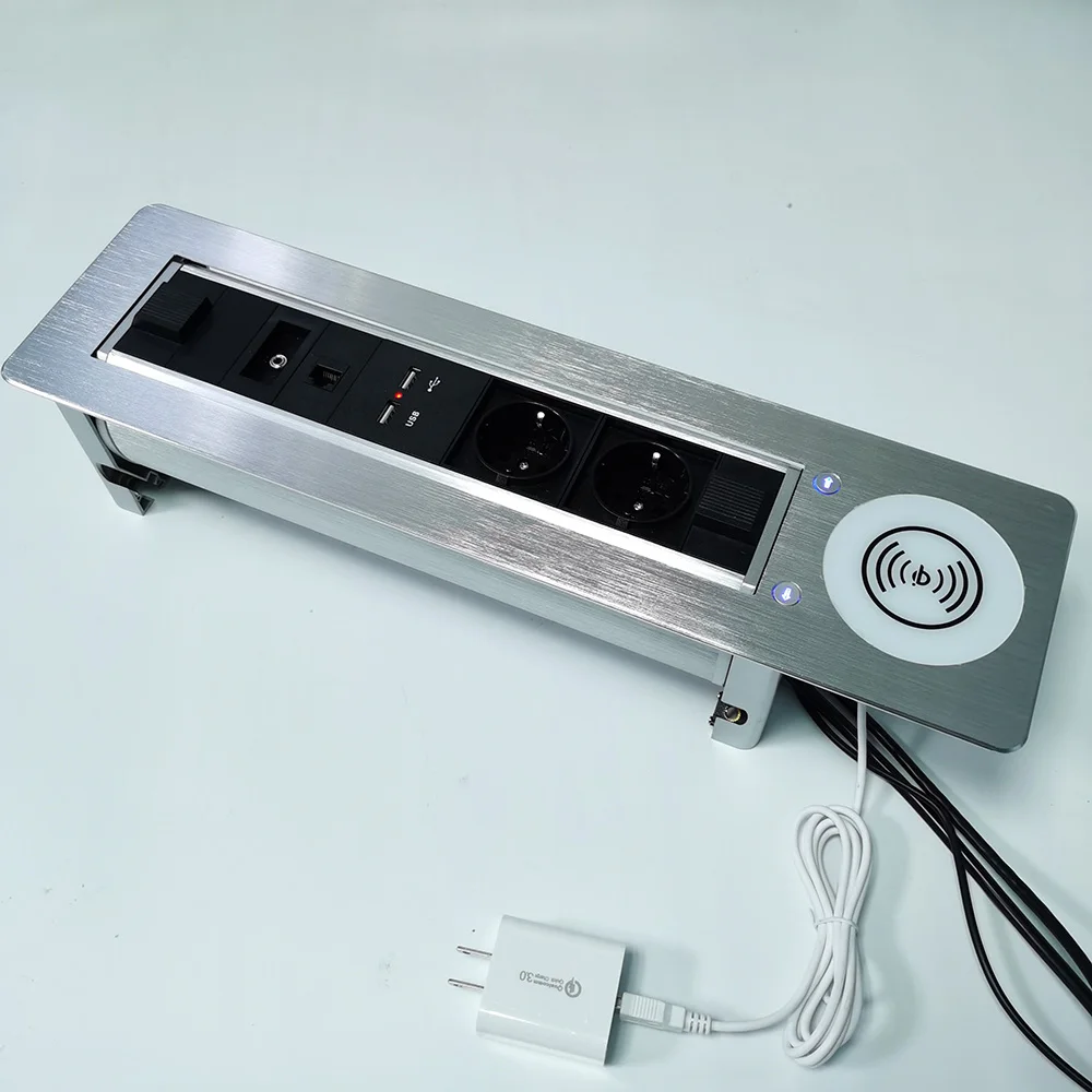 Elektrické rotačné zásuvky/2 Európske ZÁSUVKY s bezdrôtové QI plnenie siete 3.5 audio kábel zásuvka hliníkovej zliatiny panel/
