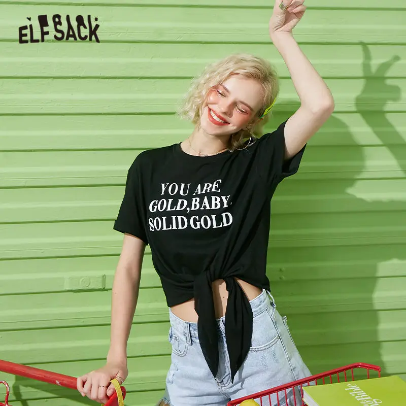 ELFSACK Harajuku List Tlač Kravatu Prednej Bežné T-Shirts Ženy Plodín Topy 2020 Lete ELF Krátky Rukáv kórejský Dámske Basic Tričko