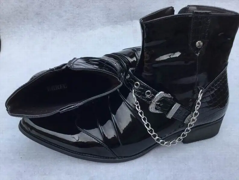 ERRFC Módne Dopredu Ukázal Prst Mužov Black Členok Boot Trend Pracky Patent Kožené Topánky Muž Reťaze Kúzlo Strana Zobraziť Topánky