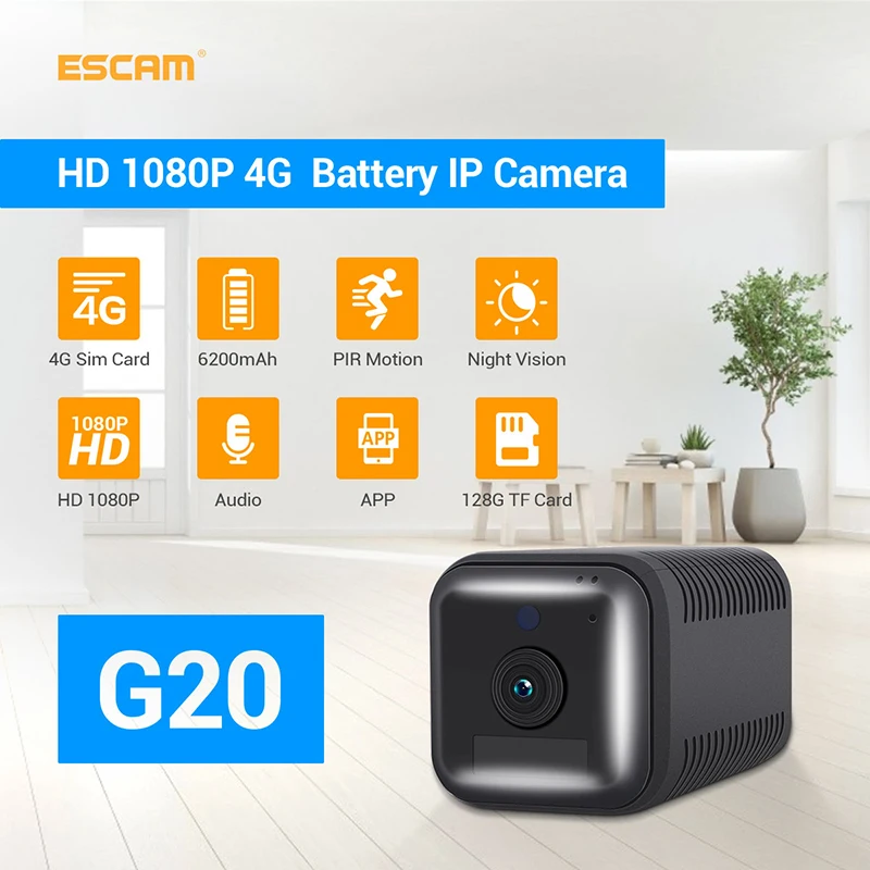 ESCAM G20 4G SIM 1080P HD S 6200mAh Nabíjateľná Batéria PIR Alarm Fotoaparát obojsmerné Audio Noc Vison Bezpečnostné Kamery