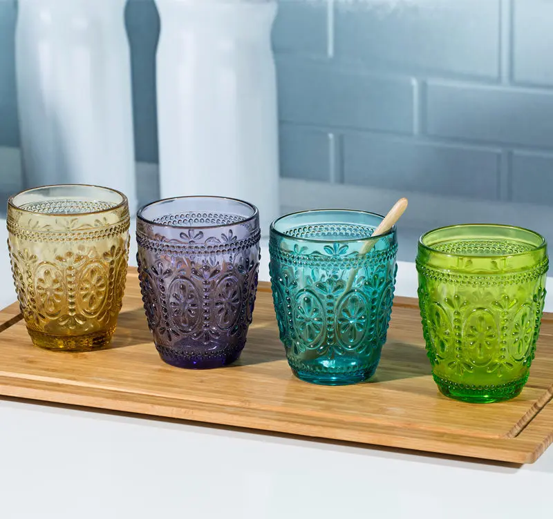 Európska retro vzor reliéfne pohár dobre vyzerajúce farebné doma krištáľové sklo raňajky pohár mlieka