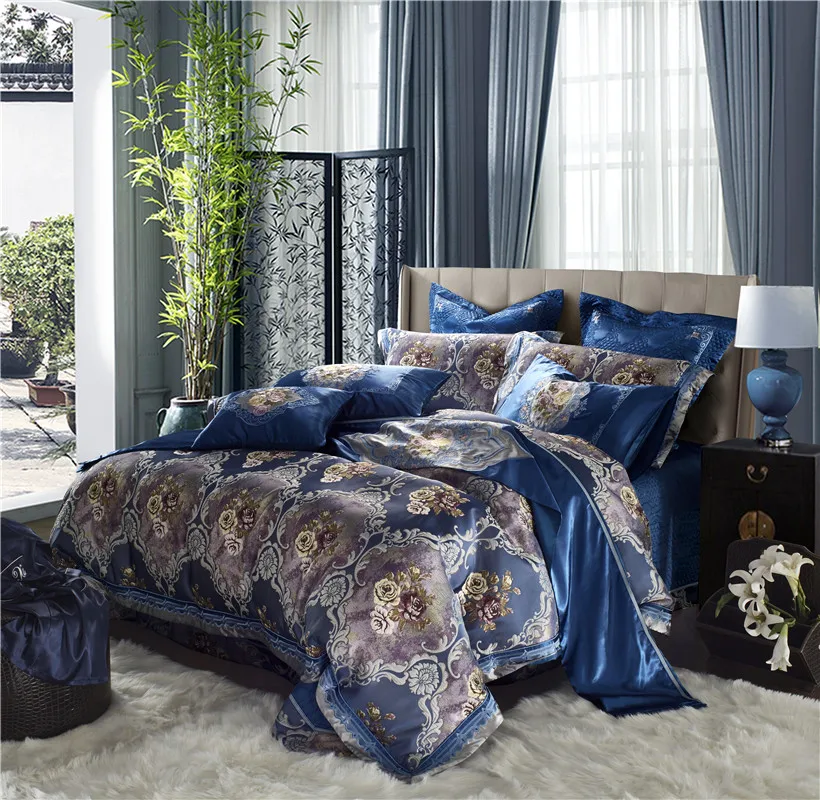 Európsky Štýl Luxusné Royal posteľná bielizeň nastaviť Kvety Kvetinové Výšivky Modrá Perinu Hodvábny Satén Posteľ sady Kráľovná King size Posteľ nastaviť