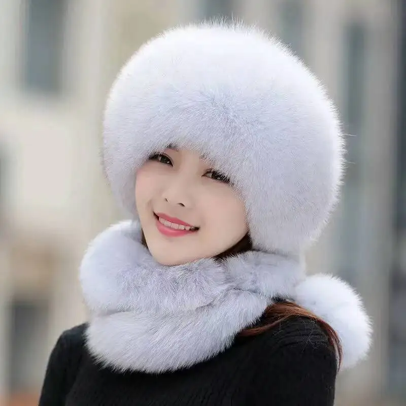 Extra dĺžka dámske zimné klobúk s fox kožušiny zábal okolo možné použiť ako šál a zavesiť na zadný kryt reťaze，Umelú kožušinu