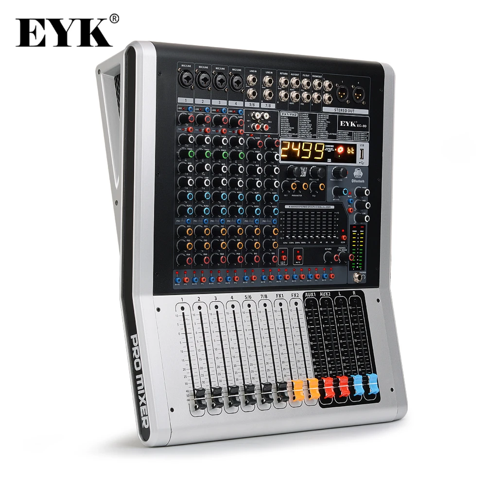 EYK EC80 8-Kanál(4 Mono,2 Stereo) Audio Mixer s 9 pásmový EQ 99DSP Dual Účinky, USB, Bluetooth, 2 AUX 2 Nahrávanie RCA Vstupy
