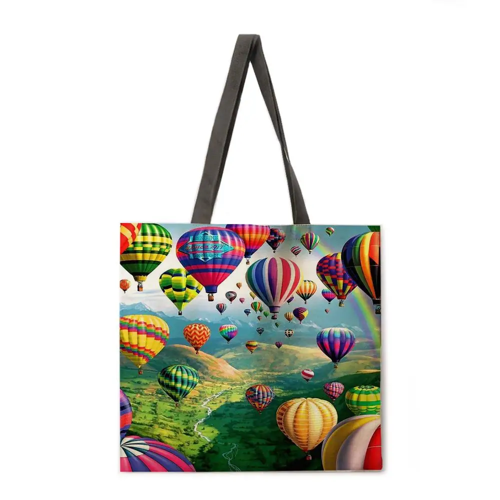 Farebné teplovzdušný balón tlač tote bag bielizeň textílie bežné tote bag taška cez rameno žena plážová taška skladacia nákupná taška