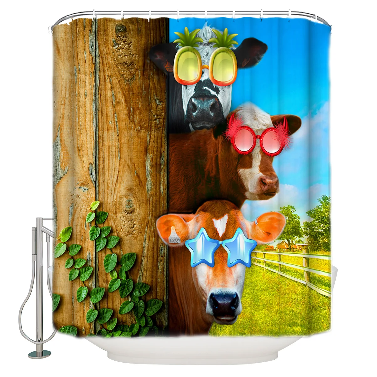 Farm Cow Slnečné Okuliare Plot, Zelené Listy, Moderný Vodotesný Kúpeľni Sprchový Záves S Hákom Príslušenstvo, Kúpeľňové Doplnky