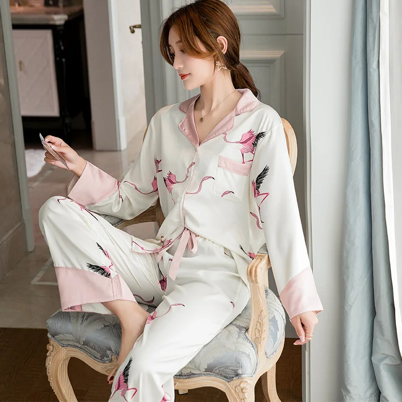 Flamingo Šľachtických Domov Nosia Pyžamá pre Dámske Luxusné Sexy Oblečenie, Dlhé Rukávy Tlač Sleepwear Plavky Silk-ako Doma Pijama