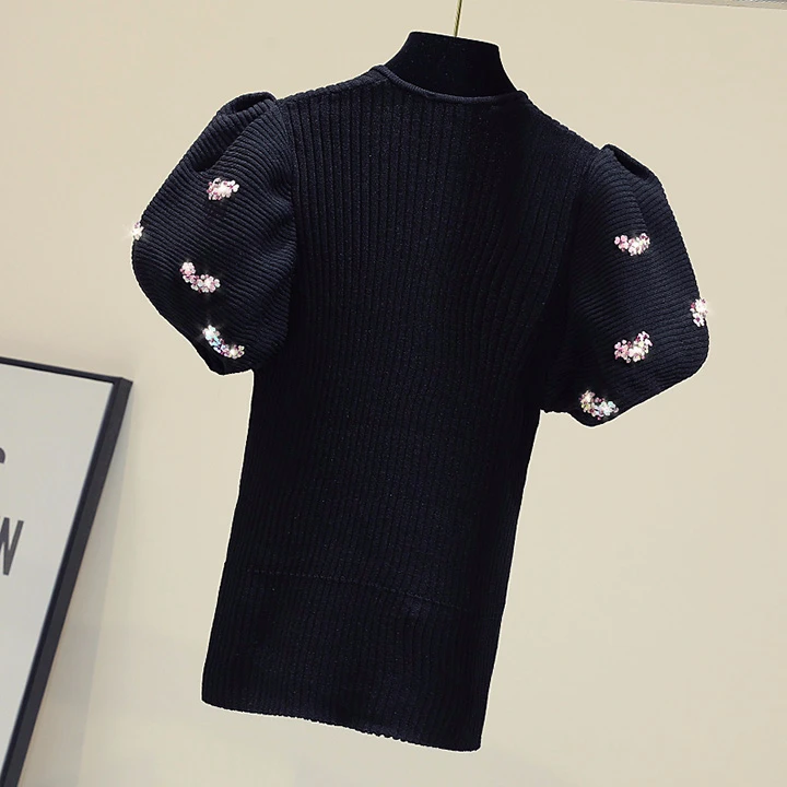 Flitrami lištovanie kvetinový v-krku pletený sveter ženy 2020 v lete a na jeseň kórejský tenký Pulóver tenké Lístkového rukáv, čierna plodín topy