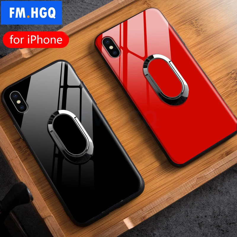 FM.HGQ Luxusné Krúžok Držiak Telefónu puzdro Pre iPhone X XS Magnetické Auto Stojí TPU+Ultra Tenké Tvrdené Sklo Pre iPhone XR XS MAX Prípade