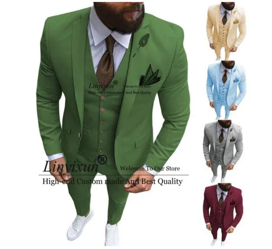 Formálne pánske Obleky Slim Fit 3 Kusy Prom Tuxedos Olivový Zelená Pevné Bunda Svadobné Koniarov Sako, Vesta Nohavice 2020