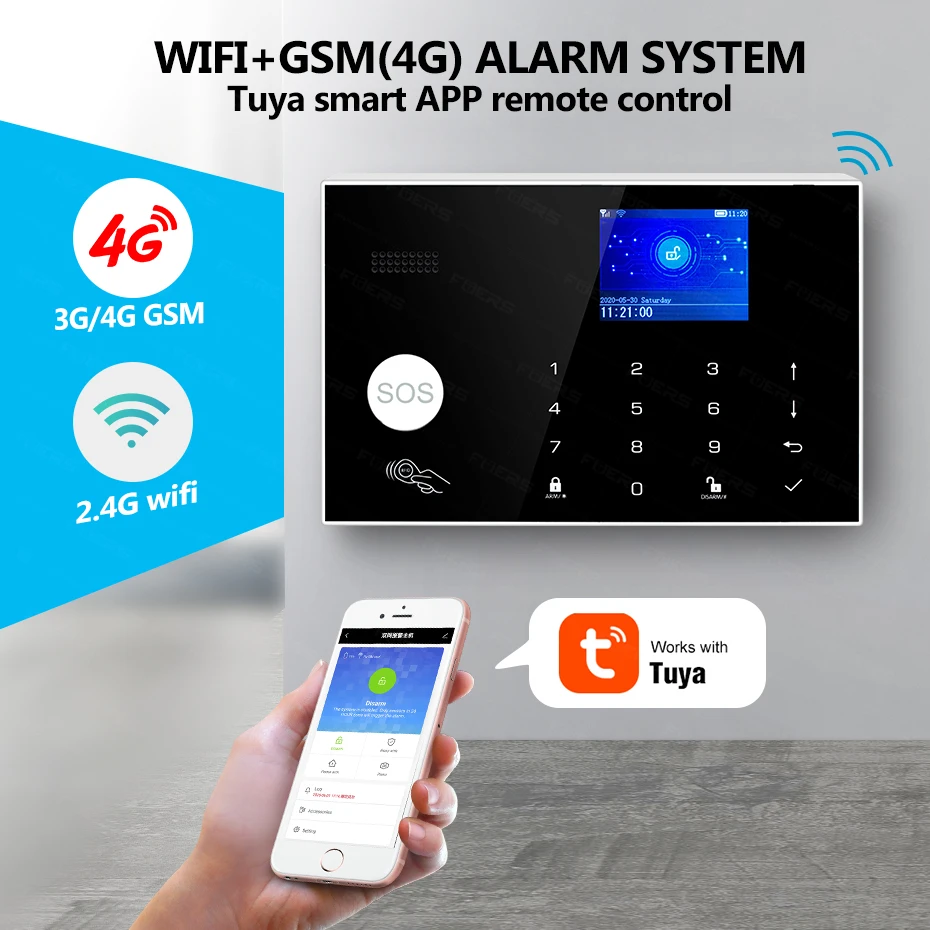 FUERS G34 4G WIFI Smart Home Systém proti Vlámaniu, Bezdrôtová Siréna PIR detektor Pohybu Home Security Kit Tuya App Riadenie Alexa