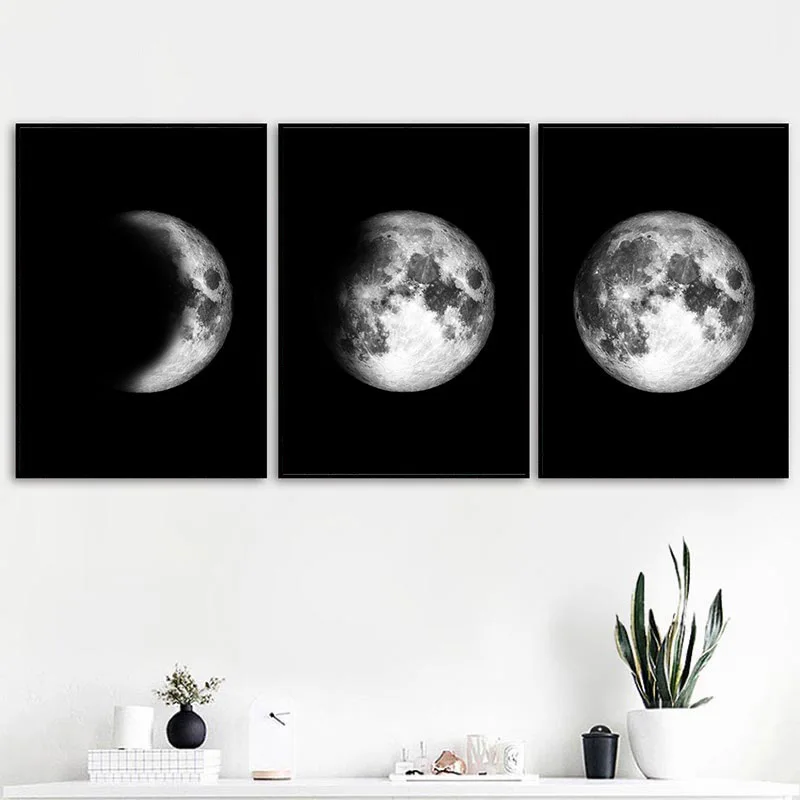 Fázy Mesiaca Galaxy Priestor Umenie Plagátu Čierna Biela Nordic Plátno Na Stenu Tlač Minimalistický Maľovanie Moderných Domov Miestnosti Dekorácie Obrázok