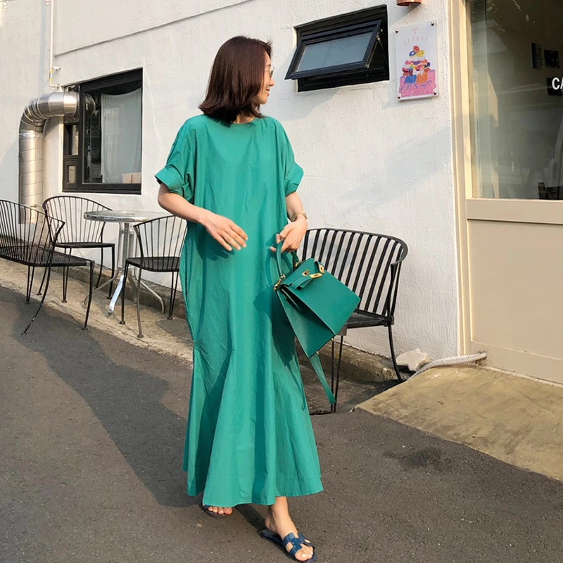 GALCAUR kórejský Elegantný Štýl Šaty Pre Ženy O Krk Krátky Rukáv Nadrozmerná Voľné Bežné Maxi Trúby Šaty Ženské Oblečenie Nového roku 2020