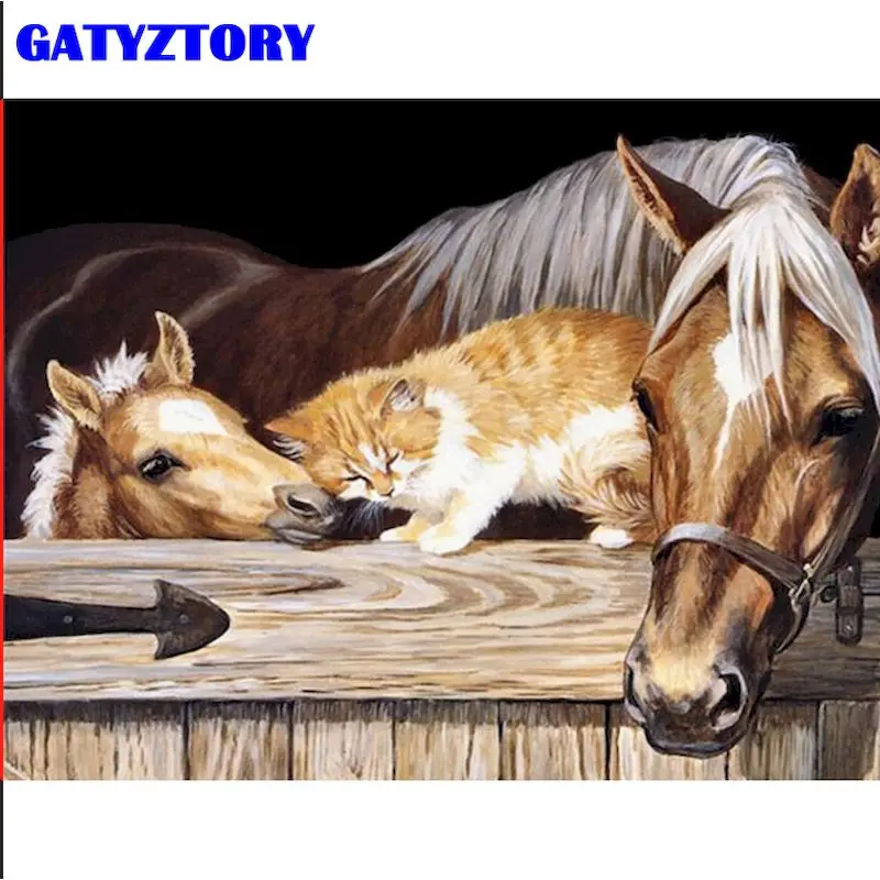 GATYZTORY Kone A Mačky Zvierat Maľovanie Podľa Čísel Pre Dospelých, Deti 60x75cm Zarámované Na Plátne Domov Obývacej Miestnosti Dekorácie