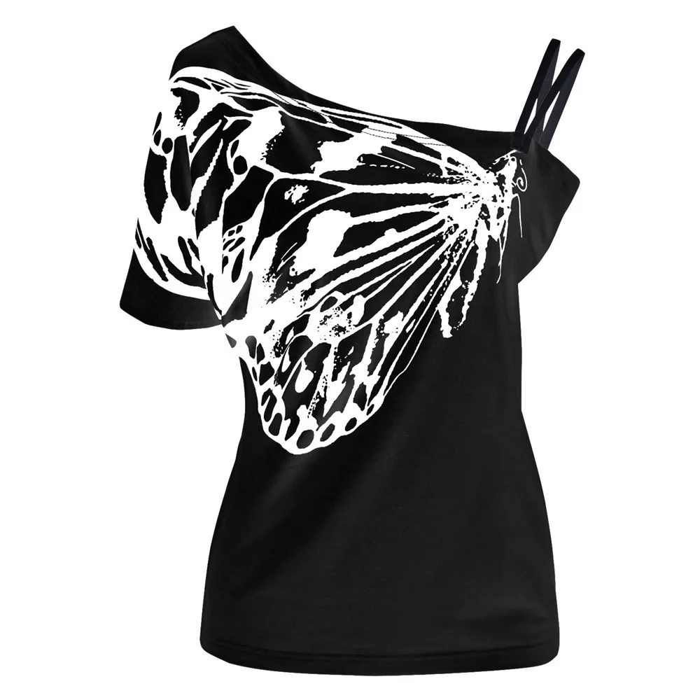 Gentillove Bežné Tričko 2019 Letná Tunika Ženy Motýľ Vytlačené Blúzky Popruh Plus Veľkosť Krátke Mimo Rameno Hore Blusas