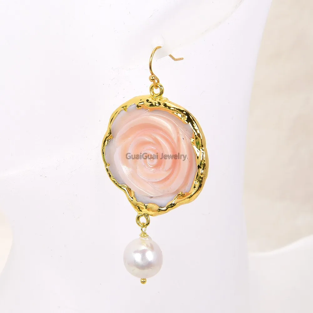 GG Šperky Umelé Biele keshi Pearl Náušnice pozlátené Ružovým Kráľovná Conch Coral Flower Náušnice