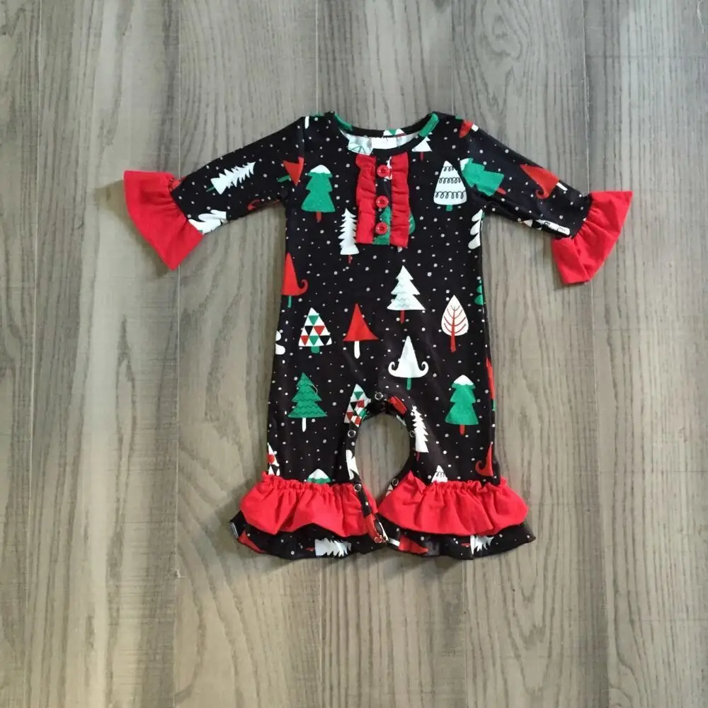 GirlyMax Zimné Dievčatká Vianočný Stromček Tlač Romper Dieťa Batoľa Black Red Oblečenie
