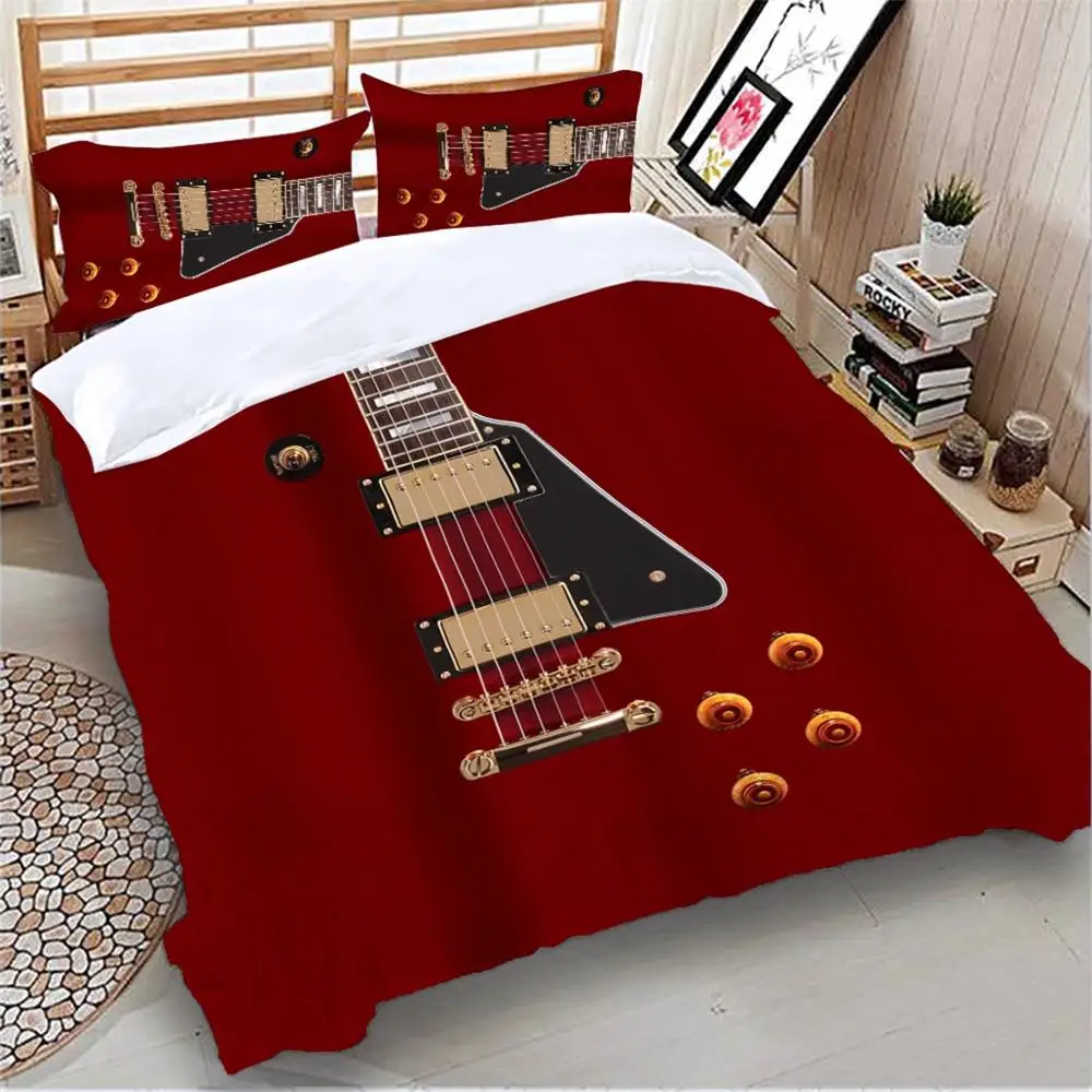 Gitara posteľná bielizeň Nastaviť červená farba Perinu Kráľovná Veľkosti Jedného Twin Manželskou posteľou King Size domáci Textil, 3ks Dropship