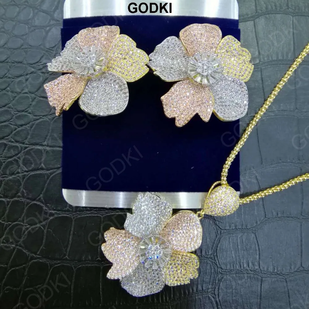 GODKI Super Luxusné Kvetinové Cubic Zirconia Crystal CZ Zapojenie Náhrdelníky Náušnice Sady Pre Ženy, Svadobné DUBAJ Svadobné Šperky Sady