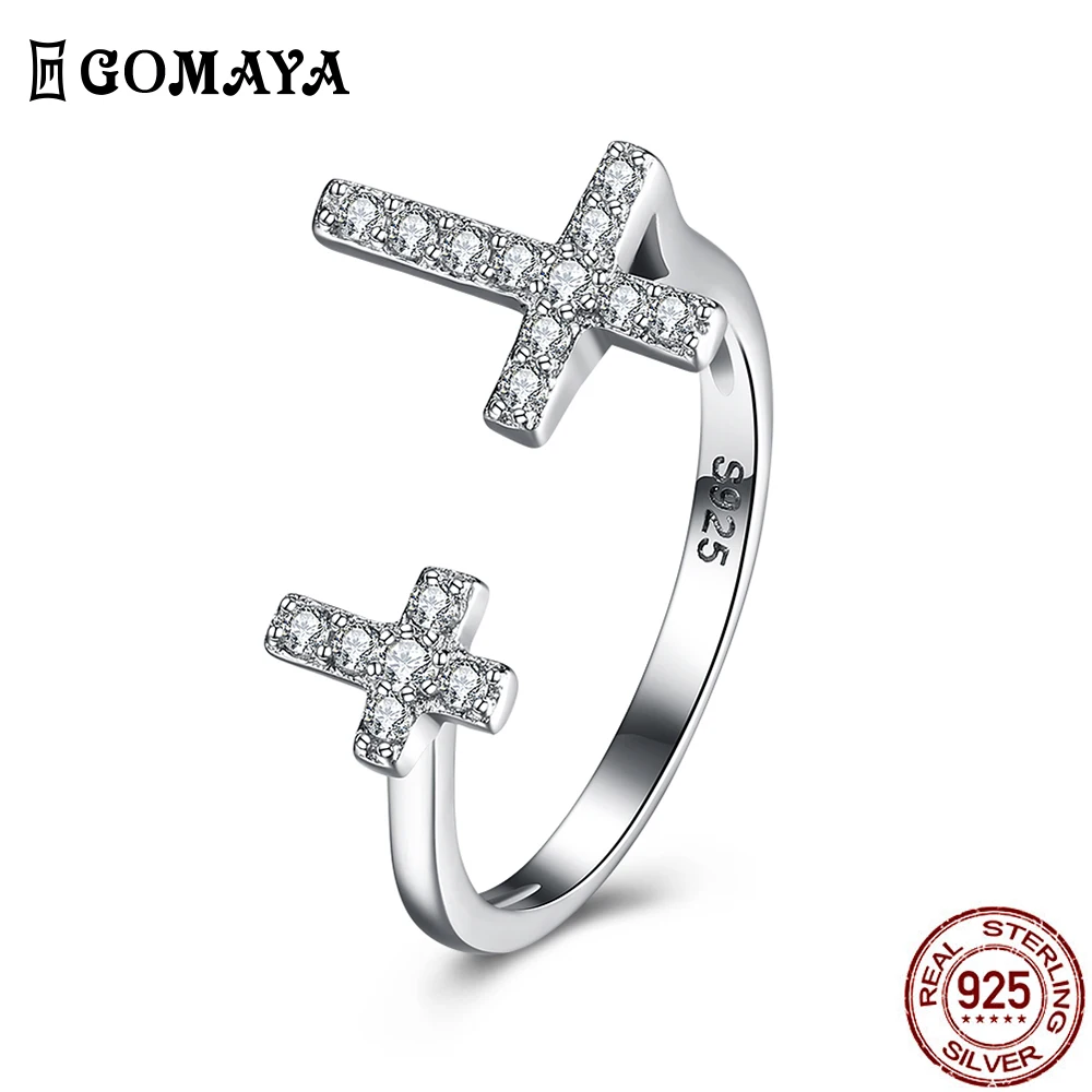 GOMAYA Sterling Silver Cross Otvorte Nastaviteľné Prstene Pre Ženy Móda Zirkón Svadobné Zásnubný Prsteň Striebro 925 Šperky Hot Predaj