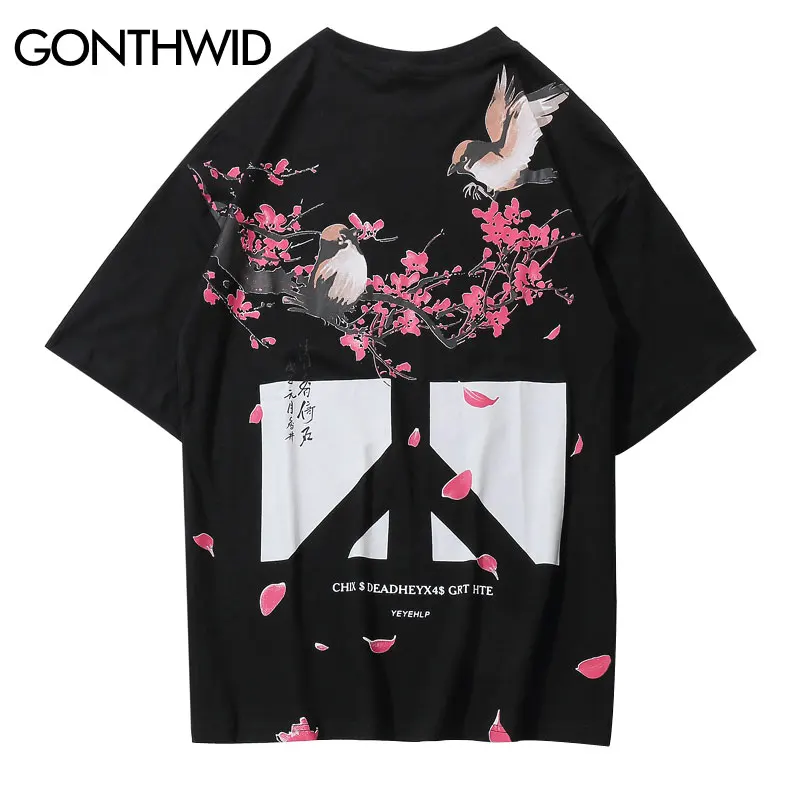 GONTHWID Čínskych Kvetov, Vtákov Anti-Vojny Tlač Tshirts Streetwear 2020 Mužov Hip Hop Bežné Krátke Tričká Topy Male Móda