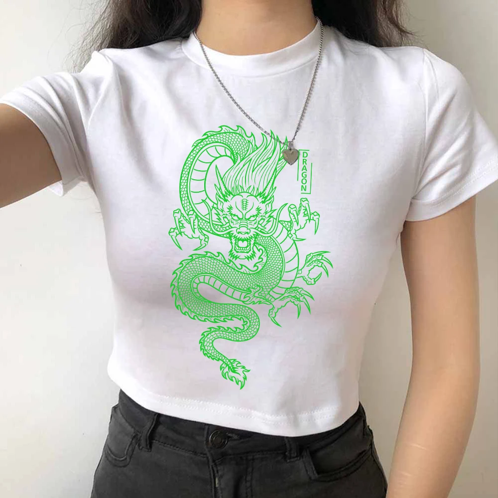Gotický Krátky Rukáv Orezané T Shirt Ženy, Green Dragon Tlač Streetwear Tričko 2020 Lete Chladný O-krku Plodín Top Ženy Oblečenie