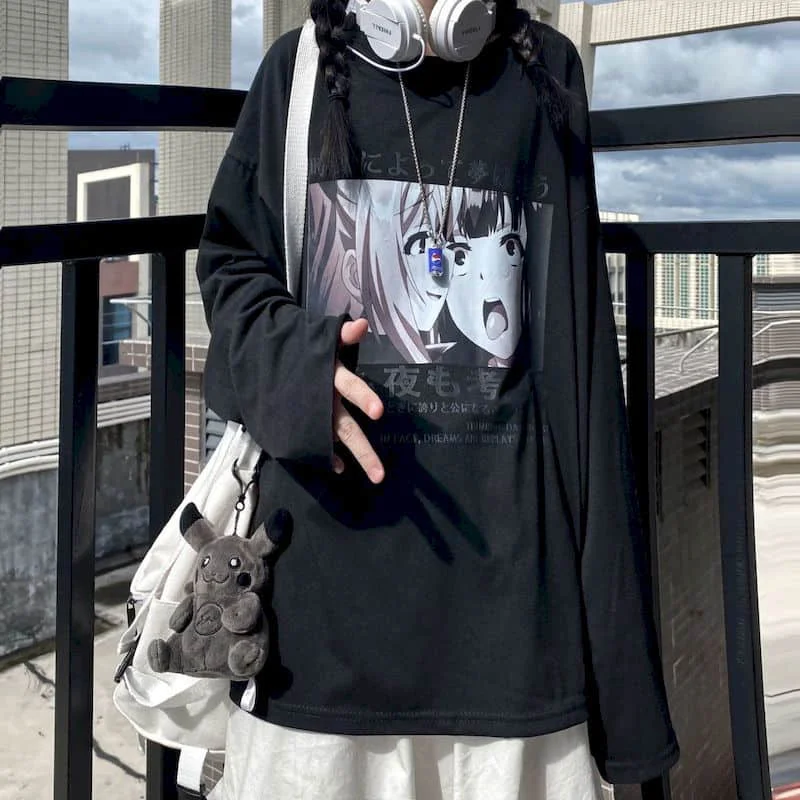 Gotický tričko ženy, muži dlhé rukávy žena kórejský iny Harajuku retro komiksu, anime tlač voľné T-shirt študent klesnutie shir