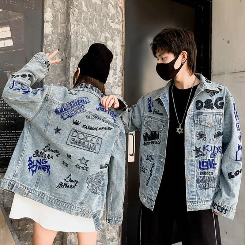 Graffiti jean bunda na Jar jeseň nadrozmerné dámske džínsové bundy list výšivky denim kabát ženy voľné streetwear outwear