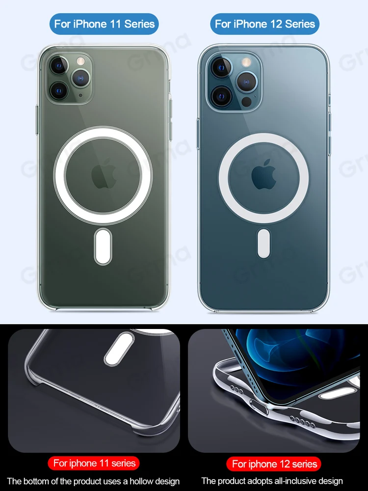 GRMA Pôvodné Jasné, Magnetické Transparentné TPU Zadný Kryt pre iPhone 12 11 Pro Max 12 mini Prípade Priateľská Shockproof Kryt
