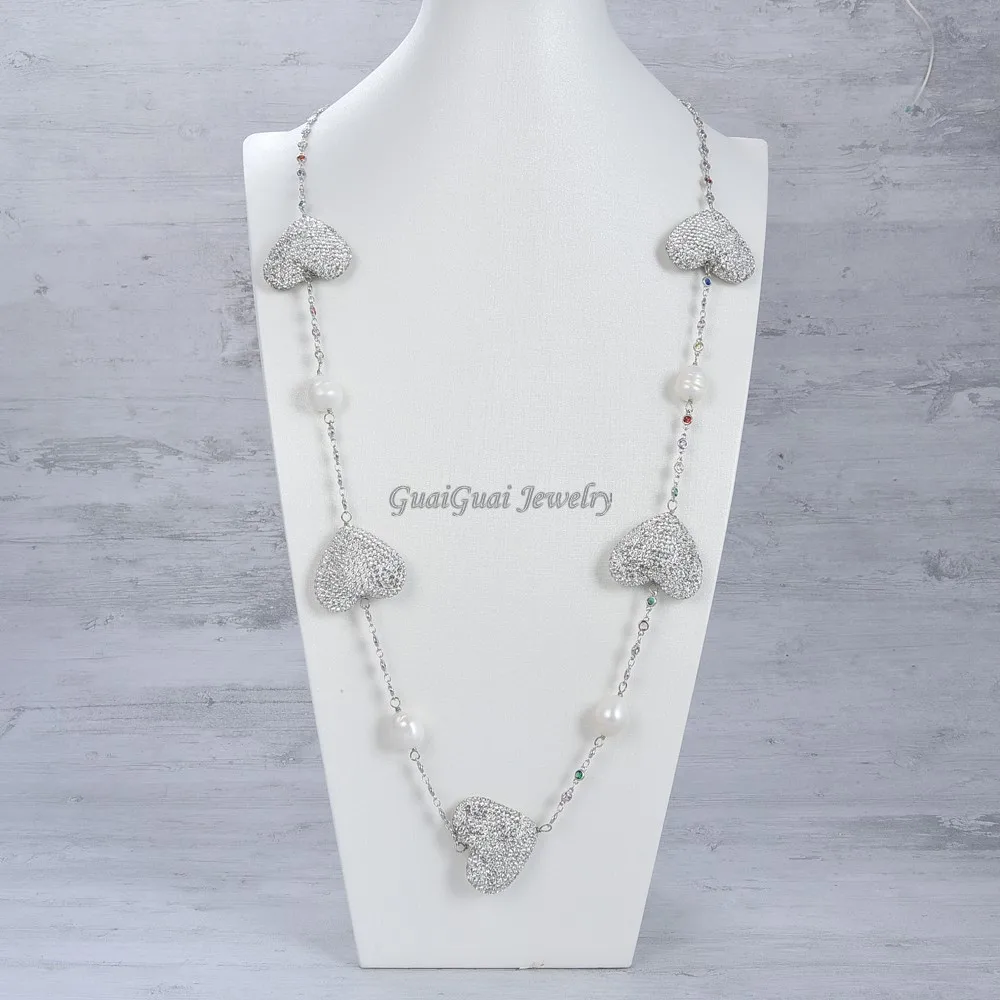 GuaiGuai Šperky, Strieborné Farba Crystal Pripraviť V Tvare Srdca White Pearl Stanice Reťazec Dlhý Náhrdelník