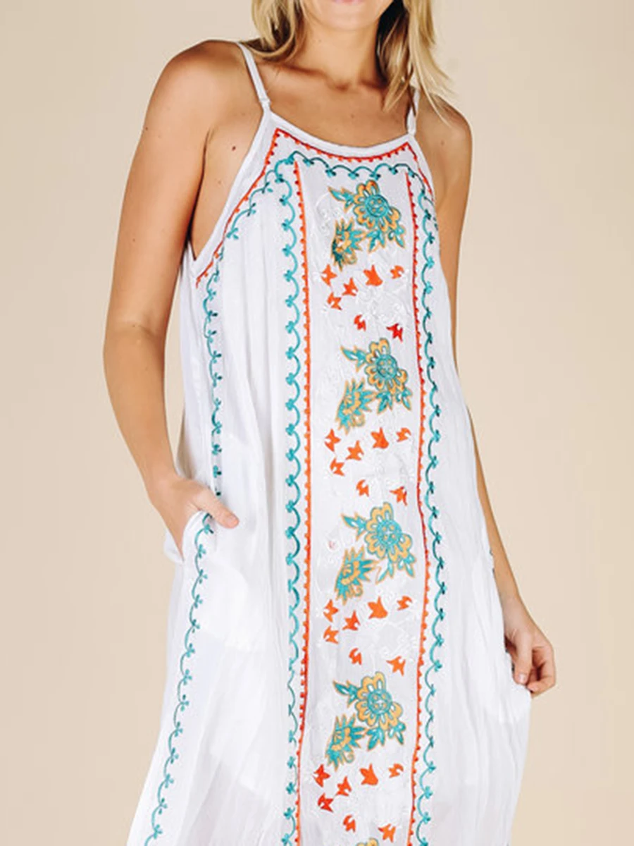 GypsyLady Biely Kvetinový Vyšívané Šaty Letné Ženy Strappy Maxi Šaty Bez Rukávov Dlhé Šaty Vintage Boho Pláži Šaty