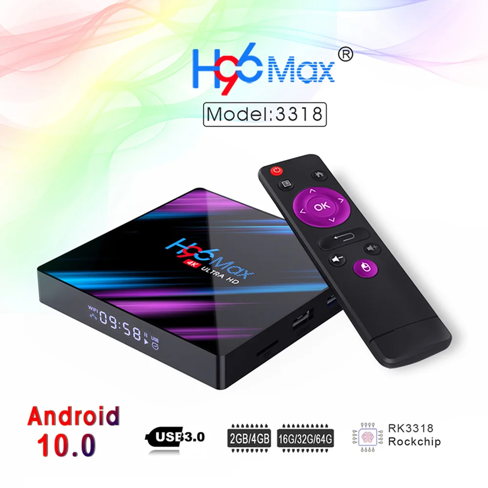 H96 MAX RK3318 Smart TV Box Android 10 10.0 4 GB 32 GB, 64 GB 4K Youtube Bluetooth Media Player Android TV Set-Top Box 2 GB 16 GB