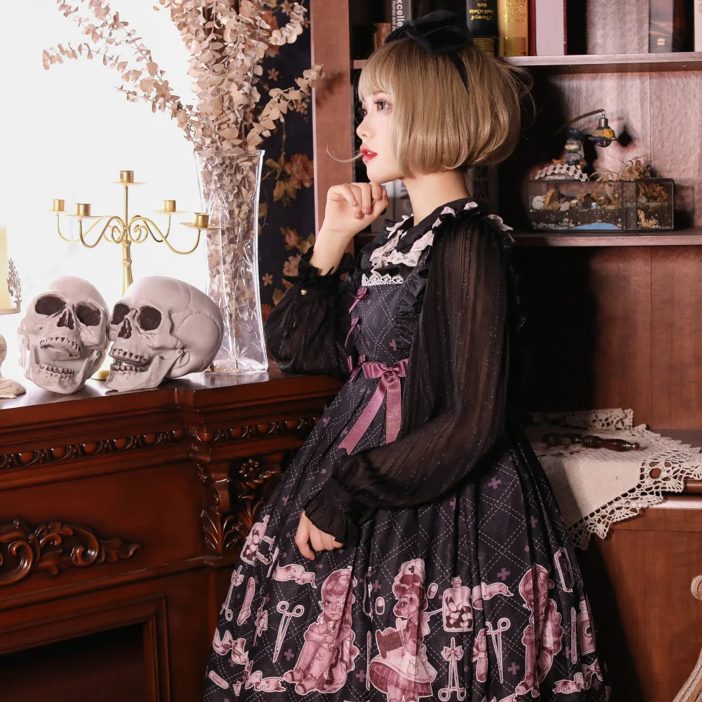 Halloween gothic, vintage sladké lolita šaty čipky bowknot vysoký pás tlač viktoriánskej šaty kawaii dievča gothic lolita jsk cos