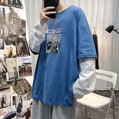Han Mužov jeseň falošné dva-kus T-shirt kolo krku tlač klesnutie tričko študent príliv značkou top