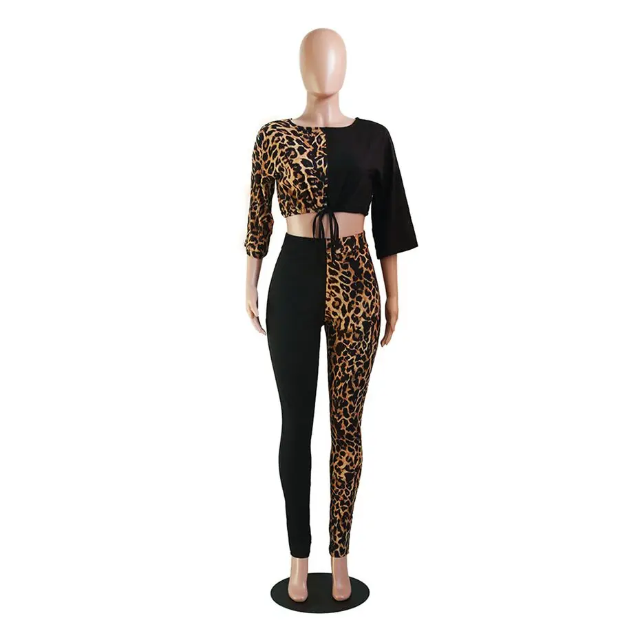 HAOYUAN Dva Ks súprava Tepláková súprava Ženy Festival Oblečenie Leopard Plodín Top a Nohavice Pot Obleky 2 Kus Zhodné Sady Jeseň Oblečenie