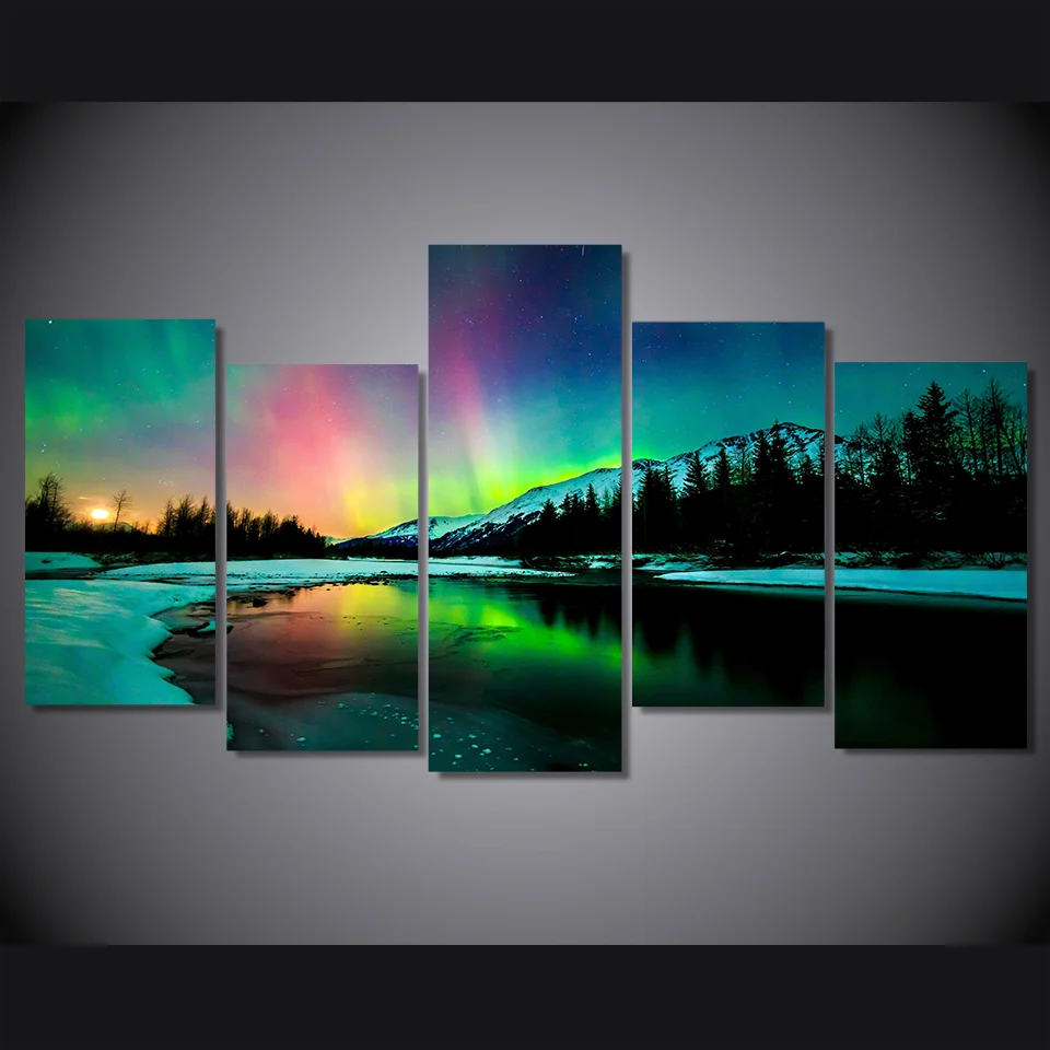 HD Vytlačené 5 kus plátna umenie aurora jazero, hory krajinomaľbou obývacia izba dekorácie plagát doprava Zadarmo/ee-6320