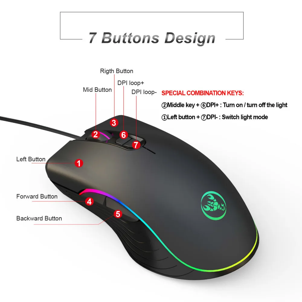 Herná Myš s Drôtovým 6400DPI 4-úrovne Nastaviteľné Myší Hráč 7 Tlačidlo RGB LED Farebný Podsvietený Opto-elektronické Myš Pre PC Pro Hráč