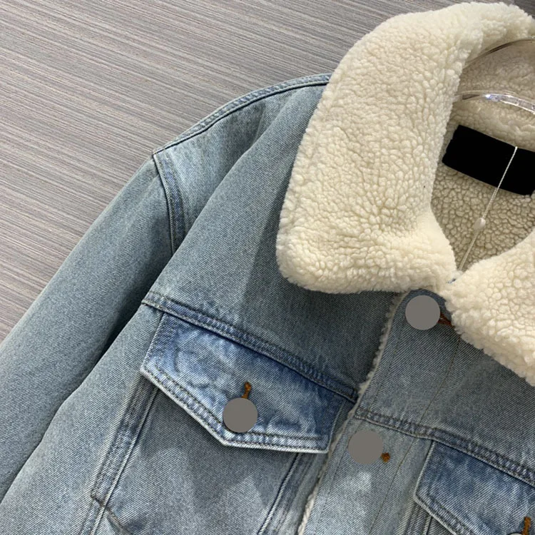 High-end Hrubé Jean Bundy 2020 Zimné dámske Oblečenie Nové Príležitostné Voľné Dlhý Rukáv obojstrannej Klope Faux Baránok Vlna Denim Jacket