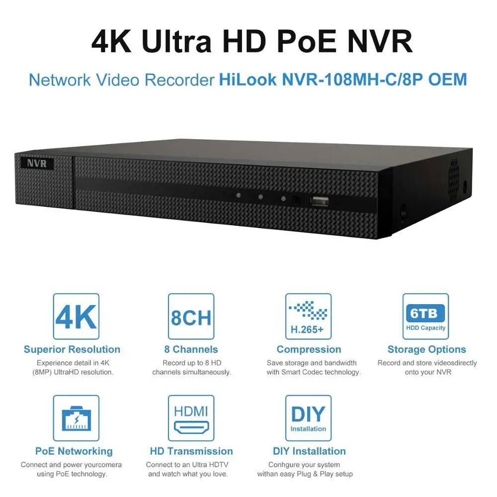 Hikvision IP Security System Súprava 4K 8CH POE NVR 8pcs Hikvision 8MP IP Kamera DS-2CD2085G1-I Hik-Pripojenie typu Plug and Play 4 mm P2P
